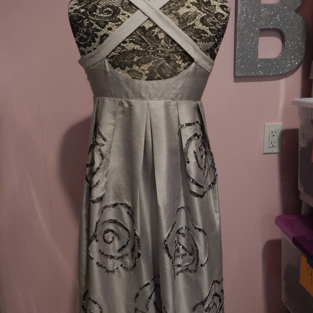 INC Silver Silk Dress With Sequence Design Size 10 - Picture 4 of 6